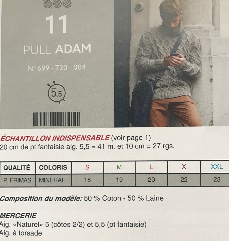 May include: A knitting pattern titled "PULL ADAM" with the number 11 at the top. The pattern includes sizing information and yarn details. The image also shows a person wearing a cable-knit sweater.