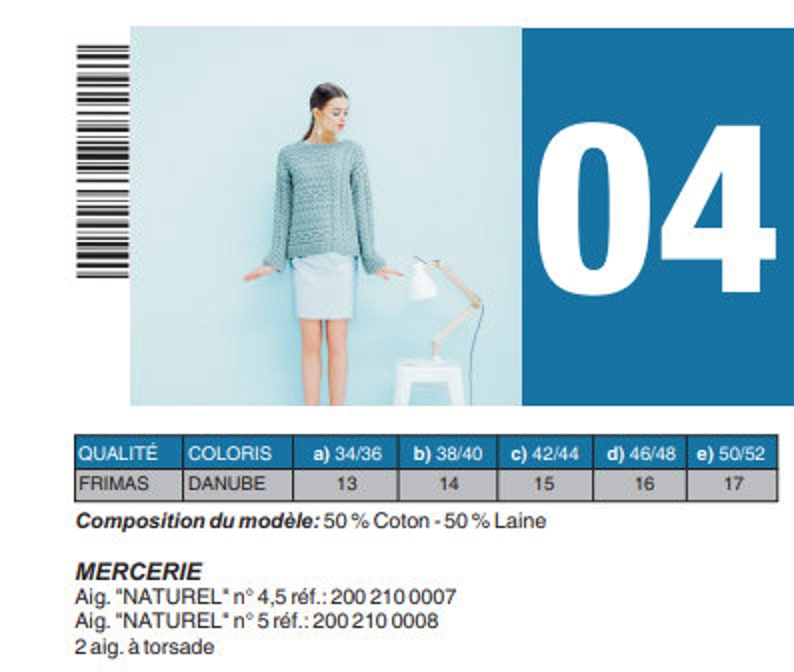 May include: A woman wearing a light blue sweater and a light blue skirt stands in front of a light blue background. The number "04" is displayed in white on a blue background. The image also contains a table with sizing information.
