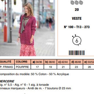 May include: A woman wearing a long, magenta-colored knitted cardigan and a floral skirt. The image includes a chart with the text "VESTE" and sizing information. The cardigan appears to be a medium weight knit.