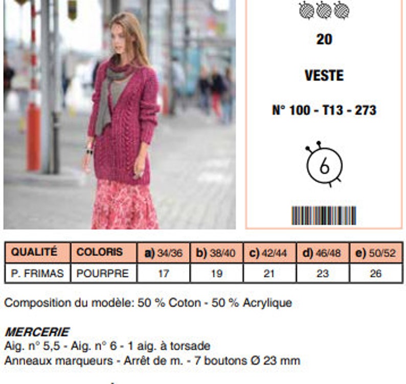 May include: A woman wearing a long, magenta-colored knitted cardigan and a floral skirt. The image includes a chart with the text "VESTE" and sizing information. The cardigan appears to be a medium weight knit.