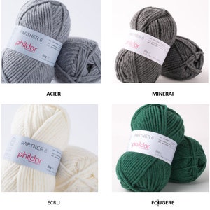 May include: Four skeins of Partner 6 yarn by Phildar in the colors Acier, Minerai, Ecru, and Fougere. Each skein is 50 grams.