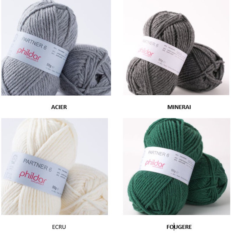 May include: Four skeins of Partner 6 yarn by Phildar in the colors Acier, Minerai, Ecru, and Fougere. Each skein is 50 grams.