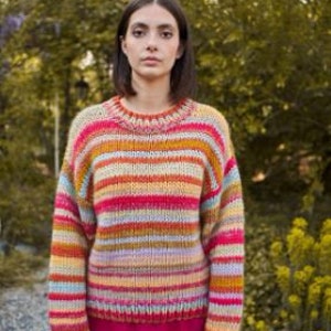 May include: A colorful striped sweater with a relaxed fit. The sweater features a variety of colors, including pink, orange, yellow, blue, and green.