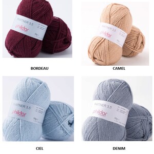 Peut inclure: Quatre pelotes de laine de couleurs diff&eacute;rentes : bordeaux, camel, bleu clair et gris. Chaque pelote porte une &eacute;tiquette blanche avec le texte "PARTNER 3,5 phildar 50g".