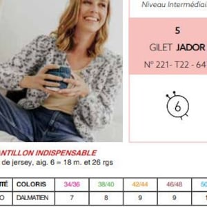 May include: A knitting pattern for a Gilet Jador cardigan, featuring a white and black dalmatian print. The document includes the text Niveau Interm&eacute;diaire, 5 Gilet Jador, N 221- T22- 647, and a gauge chart specifying 10 cm of jersey, 6 needles, 18 stitches, and 26 rows.