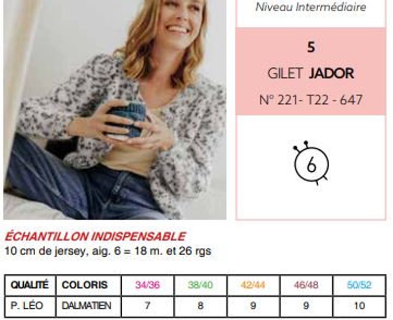 May include: A knitting pattern for a Gilet Jador cardigan, featuring a white and black dalmatian print. The document includes the text Niveau Interm&eacute;diaire, 5 Gilet Jador, N 221- T22- 647, and a gauge chart specifying 10 cm of jersey, 6 needles, 18 stitches, and 26 rows.
