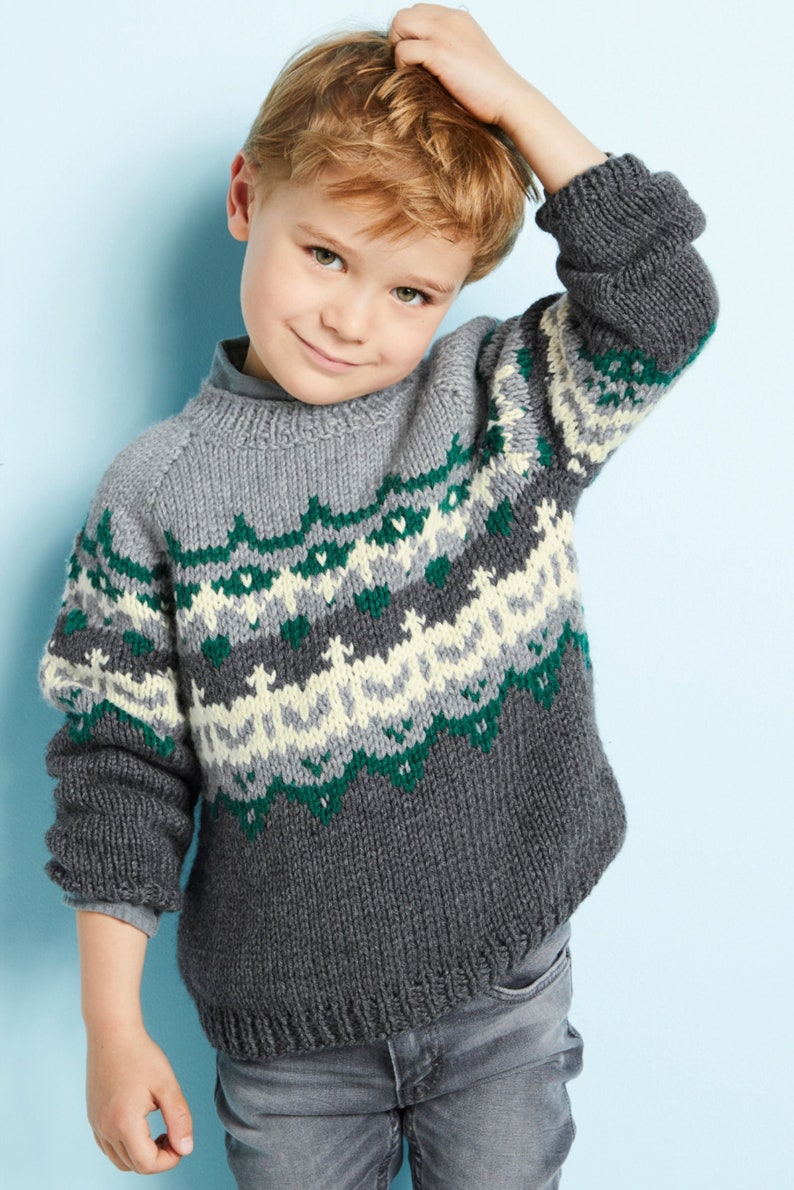 May include: A gray, green, and white knitted sweater with a fair isle pattern. The sweater has a crew neck and long sleeves.