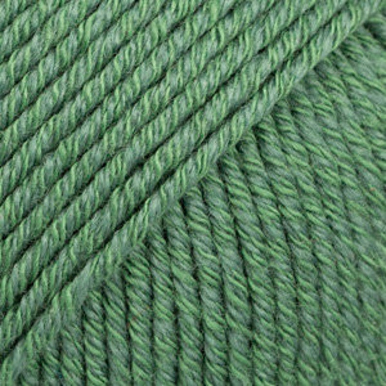 May include: A skein of green yarn with a subtle sheen. The yarn is made of natural fibers and is perfect for knitting or crocheting.