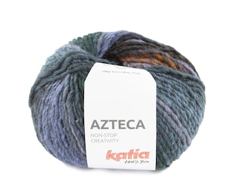 Wool blend knitting yarn, 3.5 oz./197 yards, 100g/180m, Self-striping gradient yarn, Katia AZTECA col. 7885, Aran yarn, Green Khaki blue