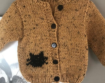 Hand knit jacket, Soft wool-blend jacket, 18m- 2yrs, Cat sweater, Mustard yellow baby jacket, Cat head jacket, Black cat