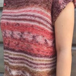 May include: A striped knit top with a boat neck and short sleeves. The top is made in a variety of shades of red, brown, and white.