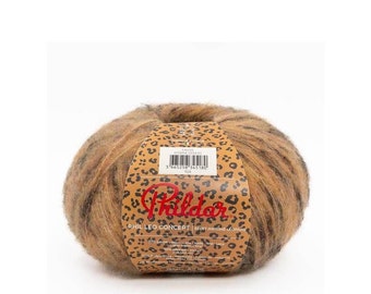 May include: A ball of brown, black and orange yarn with a leopard print label. The label reads "Phil Leo Concept" and "Effet Imprime Leopardo".