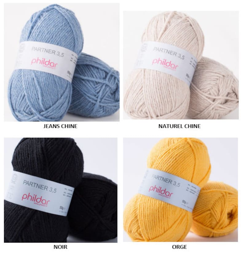 Peut inclure: Quatre pelotes de laine de couleurs diff&eacute;rentes : bleu, beige, noir et jaune. Chaque pelote porte une &eacute;tiquette "Partner 3,5 phildar".
