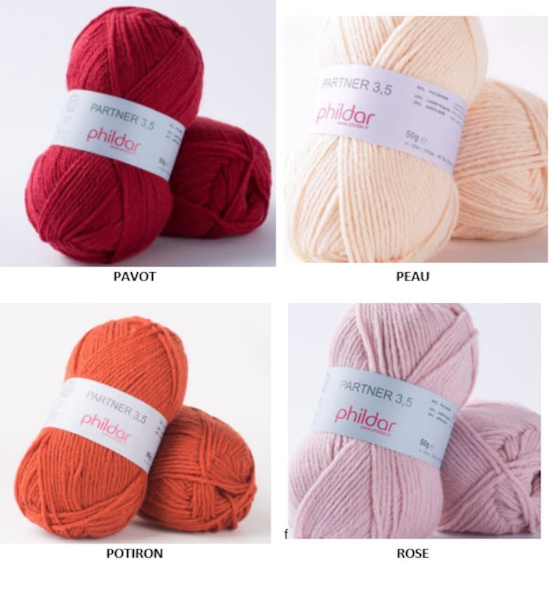 Peut inclure: Quatre pelotes de laine de couleurs diff&eacute;rentes&nbsp;: rouge, p&ecirc;che, orange et rose. Chaque pelote porte une &eacute;tiquette blanche avec le texte "PARTNER 3,5 phildar" et "50g e".