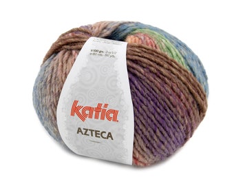 Wool blend knitting yarn, 3.5 oz./197 yards, 100g/180m, Self-striping gradient yarn, Katia AZTECA col. 7876, Aran yarn, Lilac-Green-Orange
