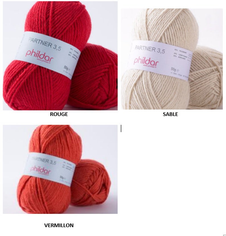Peut inclure: Deux pelotes de laine rouge &eacute;tiquet&eacute;es "Partner 3.5 phildar" et deux pelotes de laine orange &eacute;tiquet&eacute;es "Partner 3.5 phildar".