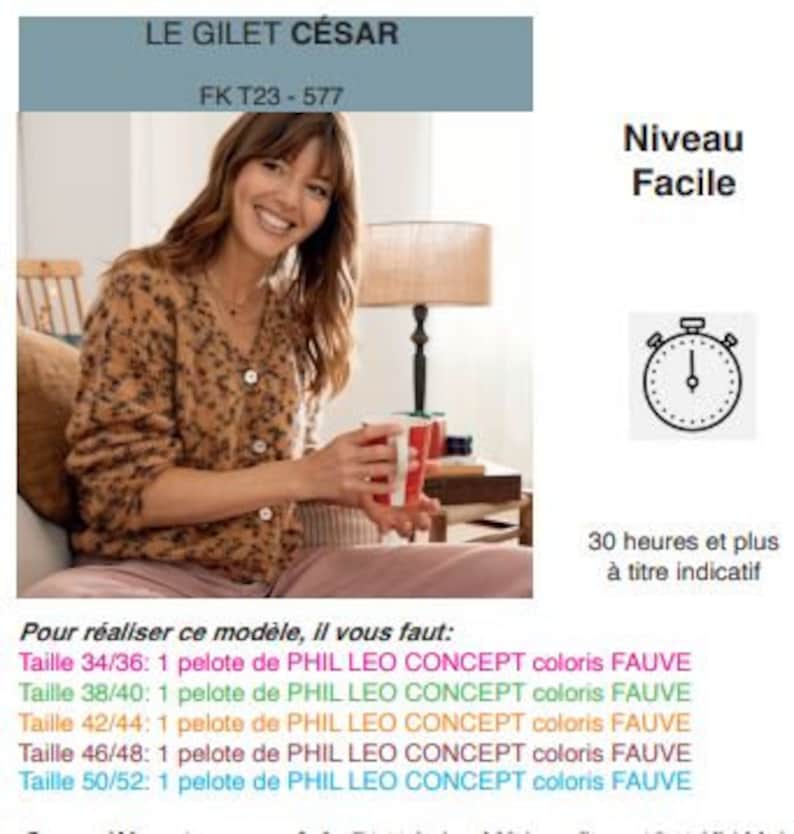 May include: A woman wearing a brown and beige knitted vest with a brown and white pattern. The vest is called "Le Gilet Cesar" and has the product code "FK T23-577". The image also includes the text "Niveau Facile" and "30 heures et plus &agrave; titre indicatif".
