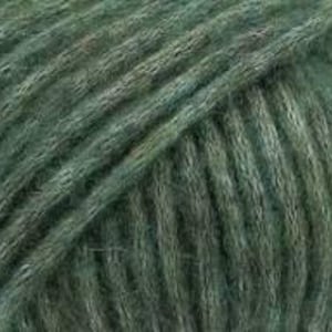 May include: A close-up view of a skein of dark sage green yarn. The fibers are tightly wound in a diagonal pattern, showcasing a soft, fuzzy texture with subtle variations in the green hue throughout the twisted strands of the yarn.