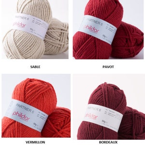 May include: Four skeins of yarn in different colors: beige, red, orange, and burgundy. Each skein has a label that says "Partner 6" and "Phildar" with a weight of 50 grams.