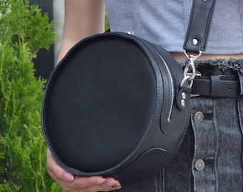 leather crossbody circle bag, leather handbags for women, leather round shoulder bag, christmas gift, gift for women, cute women purse