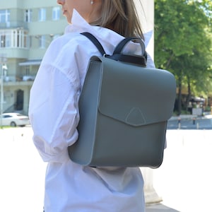 leather handmade custom laptop backpack women, personalized convertible backpack purse, gray travel backpack, aesthetic backpack, gift for
