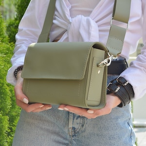 Cute leather flap bag with long crossbody strap, Gift for women, Handcrafted minimalist small crossbody bag, Green genuine leather box bag Olive