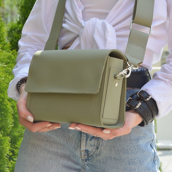 Cute leather flap bag with long crossbody strap, Gift for women, Handcrafted minimalist small crossbody bag, Green genuine leather box bag