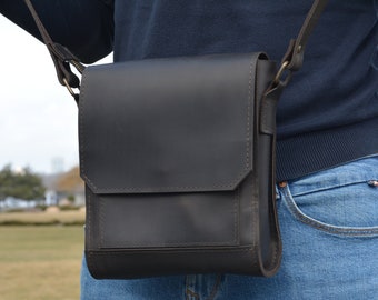 leather crossbody men bag, handmade leather shoulder bag, men leather purse, mens cross body bag, gift for him, black leather messenger bag