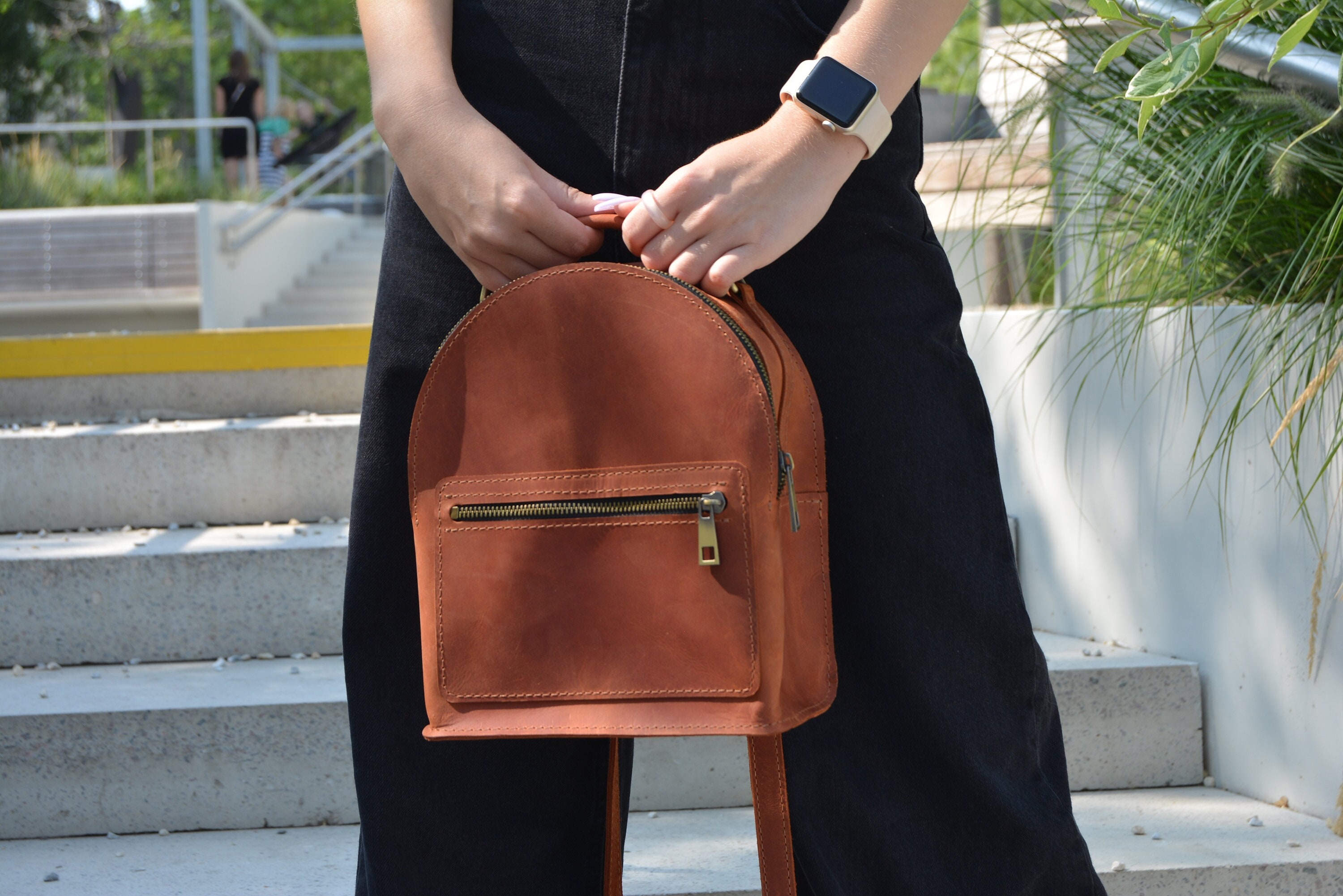 brown leather backpack