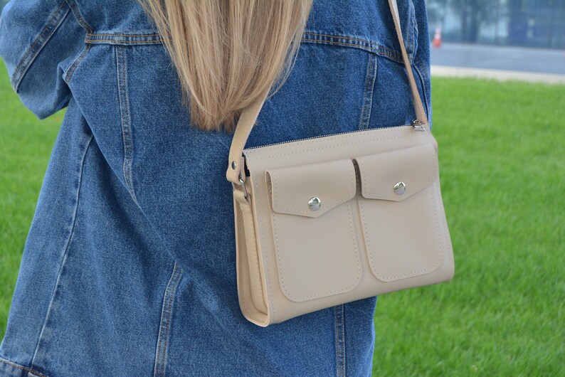 womens leather crossbody bags, personalized leather crossbody handbags, crossover body purse, designer crossbody bag, handmade leather bag Beige