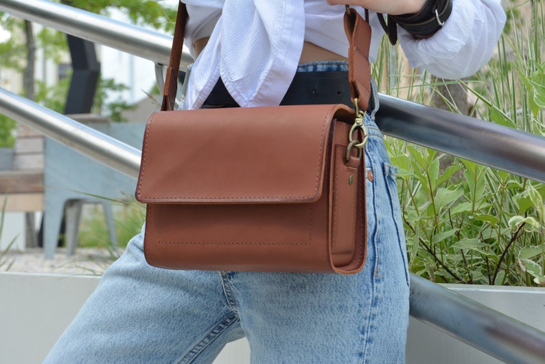 Cute leather flap bag with long crossbody strap, Gift for women, Handcrafted minimalist small crossbody bag, Green genuine leather box bag Brown