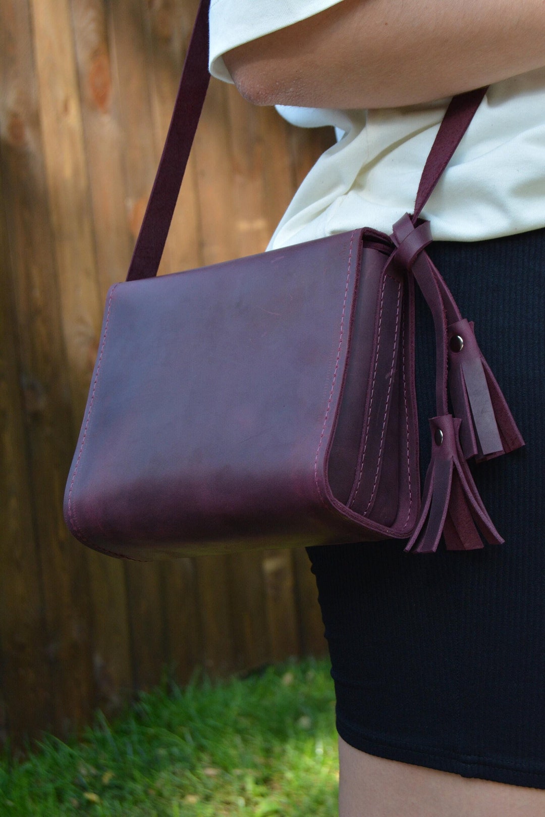 Women Semi Circular Leather Tassel Crossbody Bag