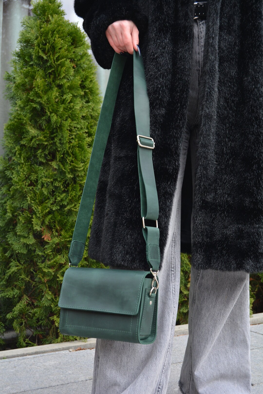 Leather Small Green Cross Body Bags for Women, Leather Crossbody Purse, Handmade Leather Women