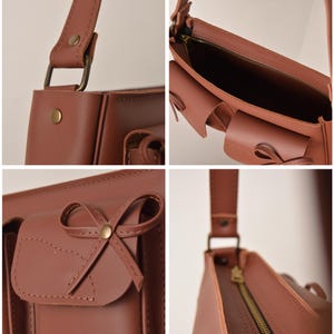 borsa a tracolla in pelle da donna in stile coquette disordinato, borsa color marrone, borsa con fiocchi, fatta a mano immagine 3