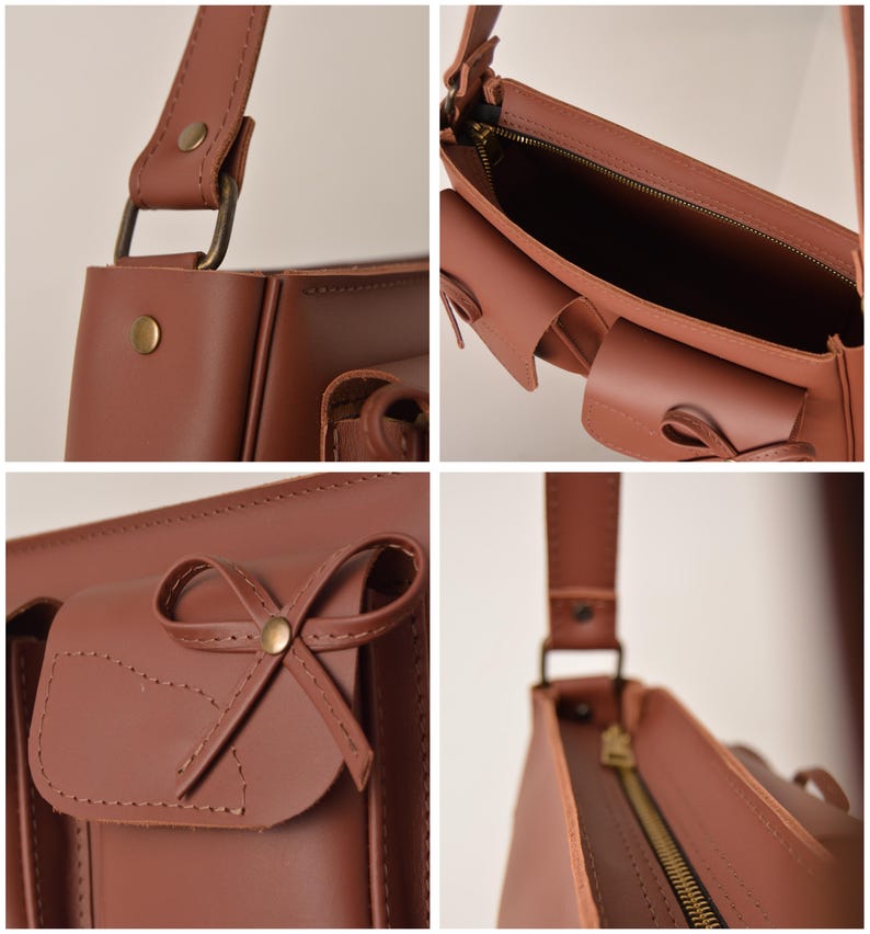 borsa a tracolla in pelle da donna in stile coquette disordinato, borsa color marrone, borsa con fiocchi, fatta a mano immagine 3