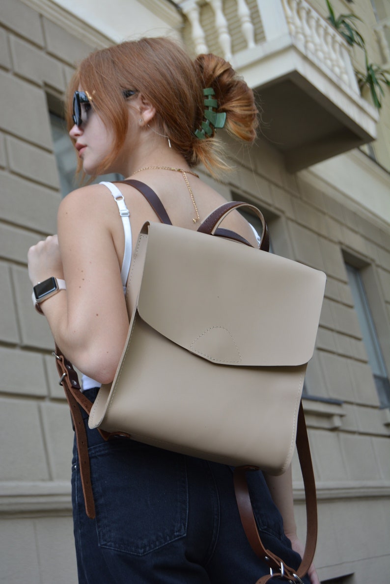 beige leather backpack, bridesmaid gift,mini backpack, laptop backpack, womens backpack, rucksack women,convertible backpack,backpack women image 2