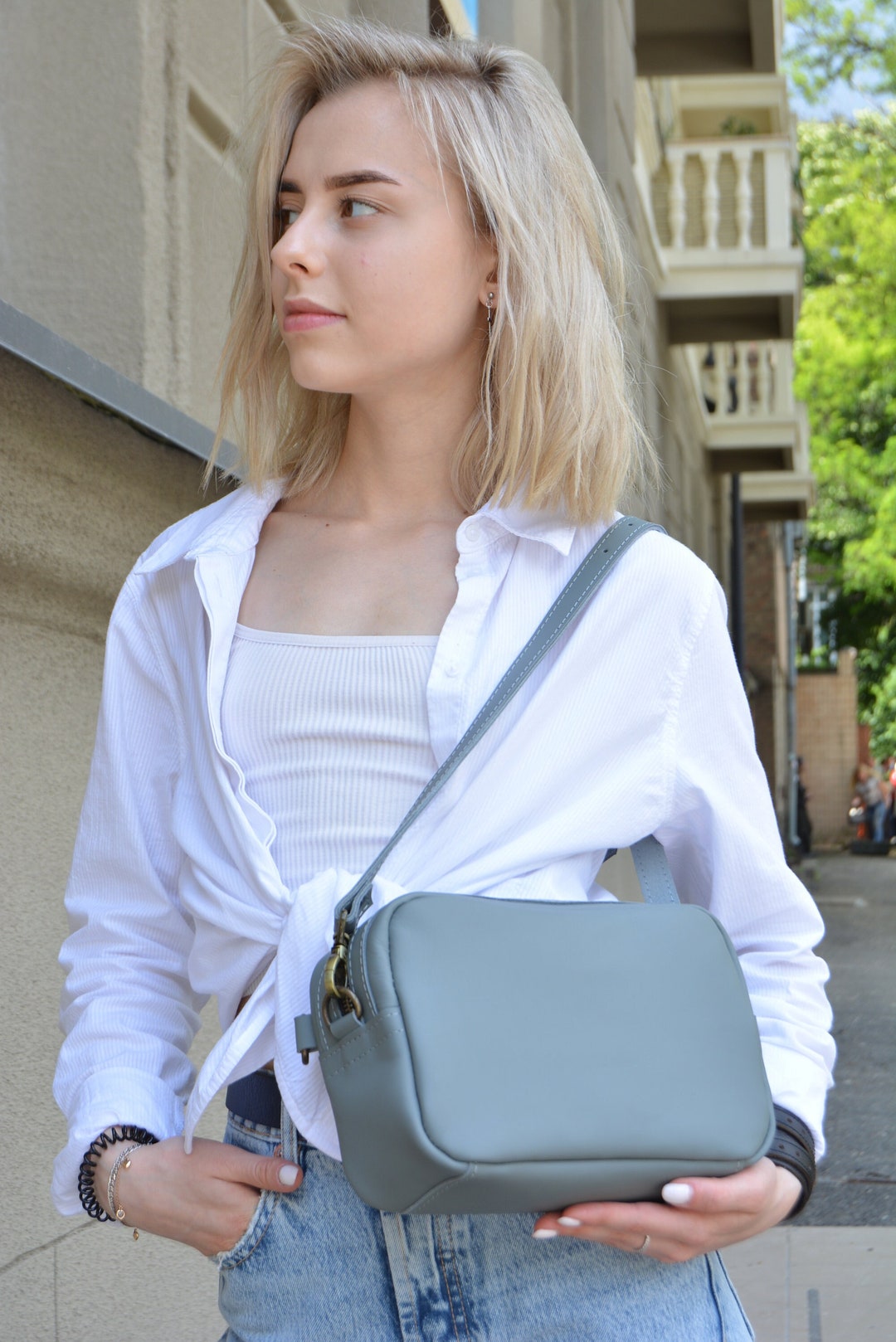 Leather Slouchy Crossbody Bag Handmade Gray Leather Women Etsy