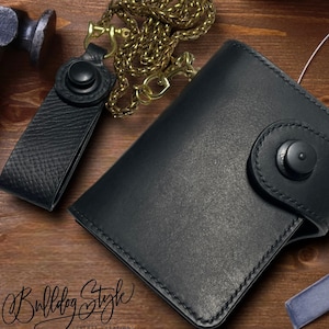 Cartera estilo "Motorista" de cuero plena flor hecho a mano y cadena de latón/acero