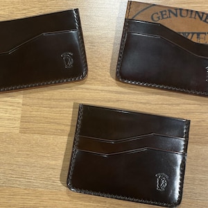 Horween Shell Cordovan Card Wallet, Dark Cognac, Choice of 3 Designs, Handmade Slim Mens Card Holder, Front Pocket Wallet Gift