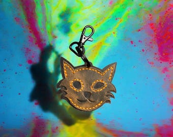Handcrafted Double Sided Leather Cute Cat Keyring / Keychain / Bag Charm.