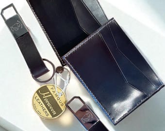Handmade Horween Shell Cordovan Card Wallet in “Dark Cognac” With 4 Card Pockets & Centre Pocket and Matching Key Ring