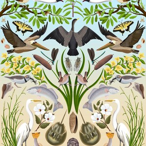 May include: A symmetrical digital illustration featuring coastal wildlife including white egrets, pelicans, fish, horseshoe crabs, butterflies, and dragonflies arranged among green marsh grasses, yellow flowers, and various seashells on a light background.
