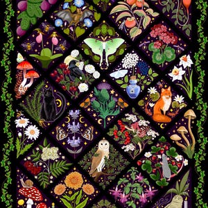 May include: A dark purple background with a diamond-shaped grid of various botanical and animal illustrations. The illustrations include a bat, a moth, a fox, a black cat, a snail, a mushroom, a flower, a bird, a bottle, and a candle.