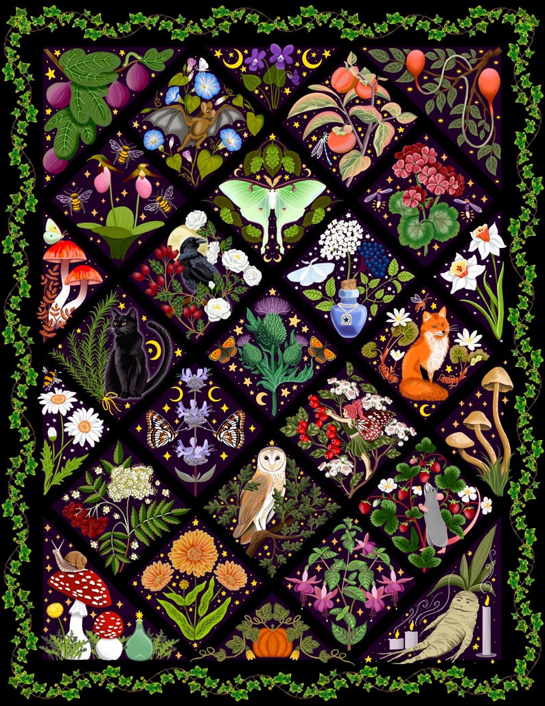 May include: A dark purple background with a diamond-shaped grid of various botanical and animal illustrations. The illustrations include a bat, a moth, a fox, a black cat, a snail, a mushroom, a flower, a bird, a bottle, and a candle.