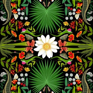 May include: A symmetrical illustration of a lush tropical scene with a white water lily in the center. The illustration features a variety of flora and fauna, including white ibis birds, green lizards, red flowers, and a crocodile. The background is black.