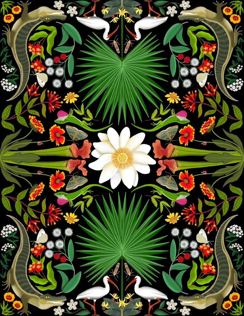 May include: A symmetrical illustration of a lush tropical scene with a white water lily in the center. The illustration features a variety of flora and fauna, including white ibis birds, green lizards, red flowers, and a crocodile. The background is black.