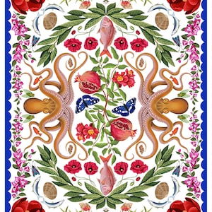 May include: A rectangular print featuring a symmetrical botanical and marine illustration. The design includes two brown octopuses, red pomegranates, red flowers, green leaves, small fish, seashells, and blue butterflies on a white background.