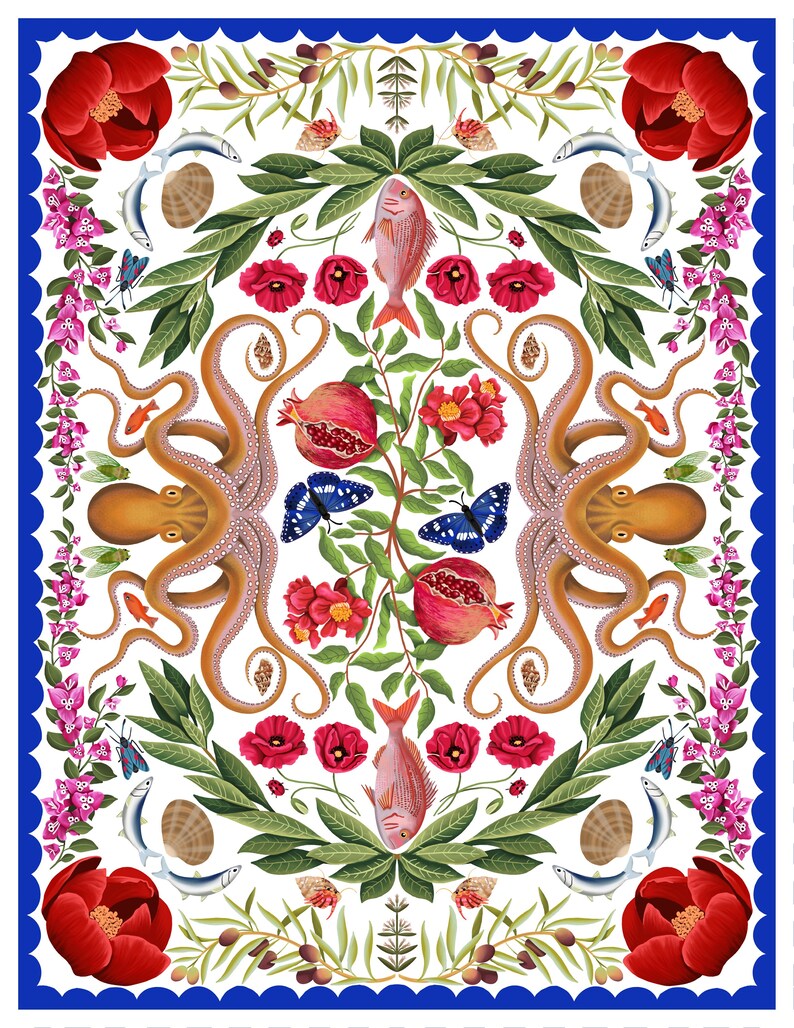 May include: A rectangular print featuring a symmetrical botanical and marine illustration. The design includes two brown octopuses, red pomegranates, red flowers, green leaves, small fish, seashells, and blue butterflies on a white background.