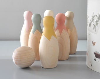 Hölzernes Bowling-Spielzeug für Kleinkinder | Boho Kinderzimmer Dekor | Mini Bowling Set | Montessori Holzspielzeug | Natürliche hölzerne Bowling Pins mit Ball