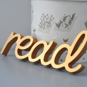 Letrero de madera con texto "Leer", decoración de pared para guardería, color dorado metálico, el mejor regalo para la habitación de los niños.